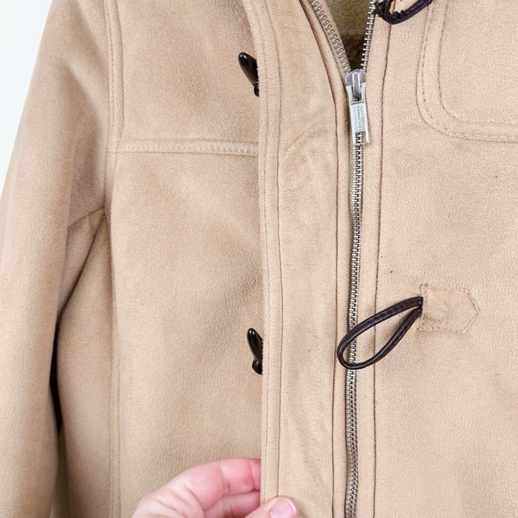 Lands' End Women's L 14-16 Faux Suede Toggle Coat Hooded Sherpa Lined Beige - Picture 4 of 10
